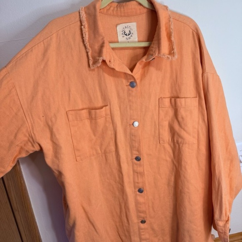 Fantastic Fawn Peach Frayed Hem Button Down‎ Shirt Jacket Oversized Large